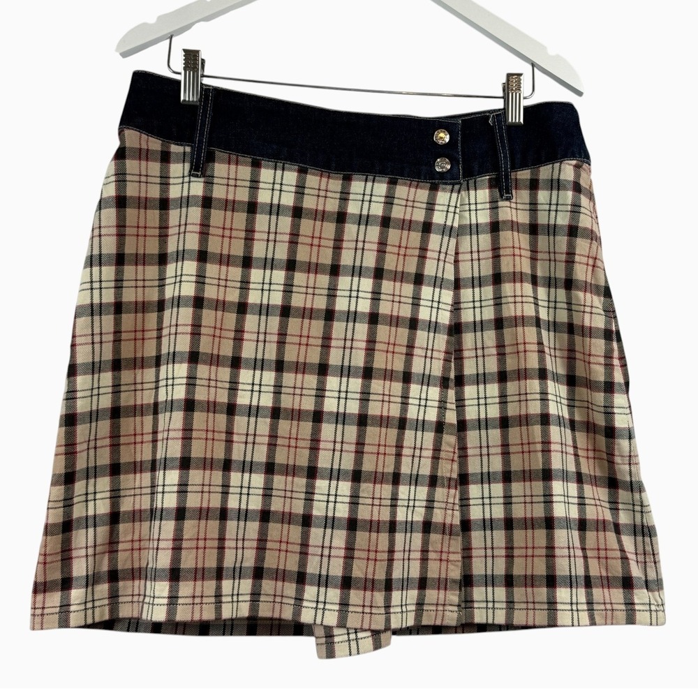 GUESS Jeans Women's 31 Camel Plaid Mini Skirt Denim Waist Y2K Preppy
